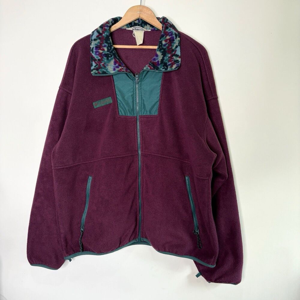 Vintage Columbia Fleece Zip Up Jacket Burgundy Purple Pattern Collar Women L XL